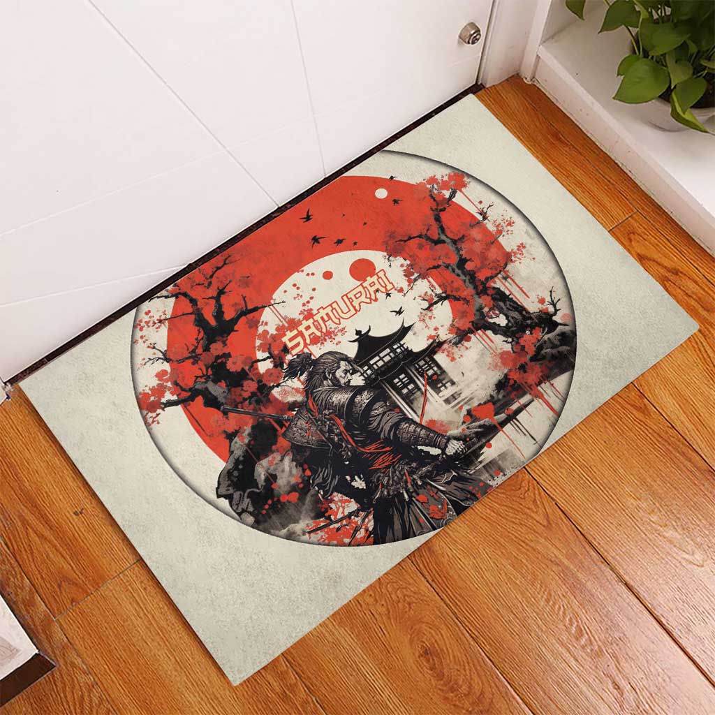 Samurai Warrior Japan Rubber Doormat Red-blossomed Tree Classic Japanese Stylized LT14 - Polynesian Pride