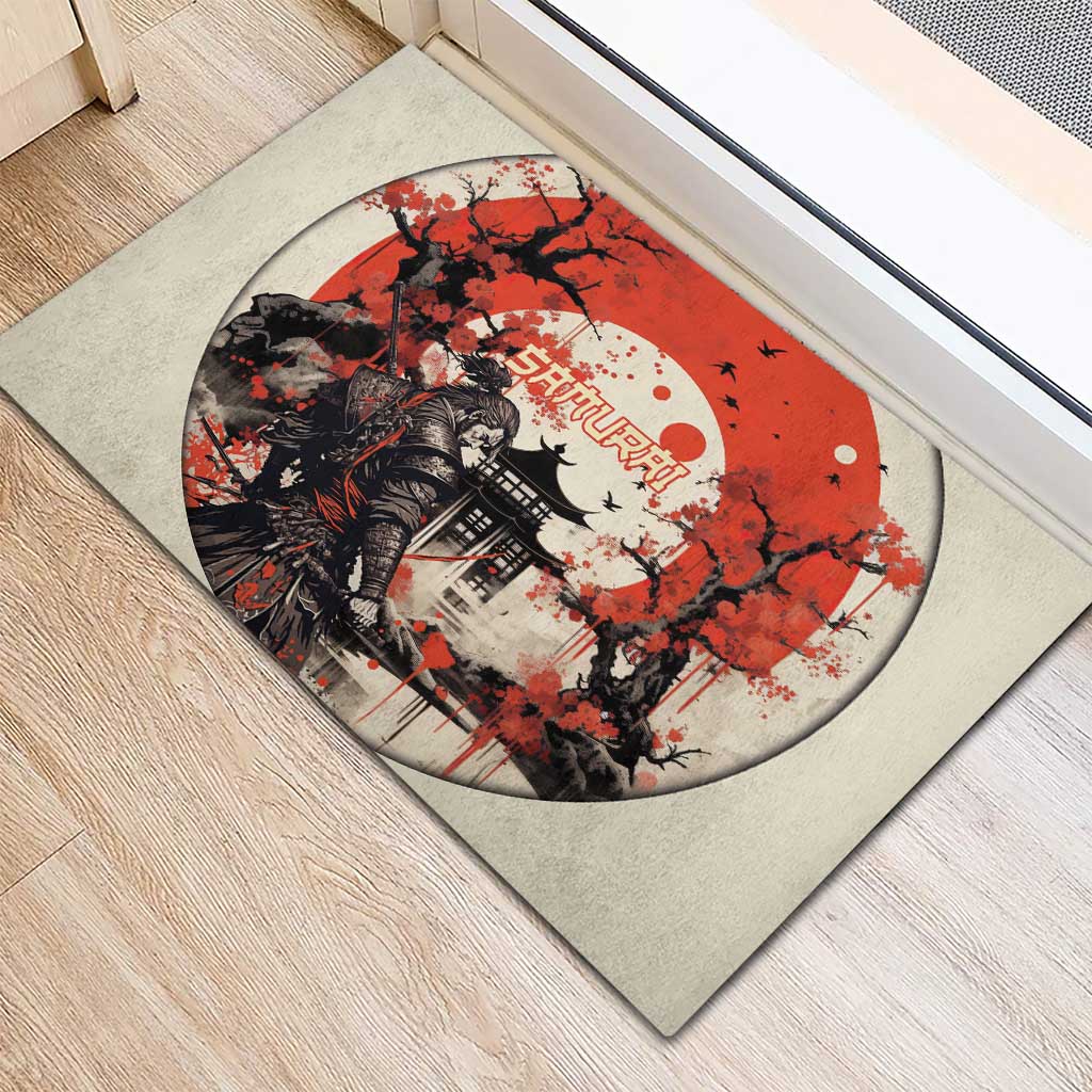 Samurai Warrior Japan Rubber Doormat Red-blossomed Tree Classic Japanese Stylized LT14 - Polynesian Pride
