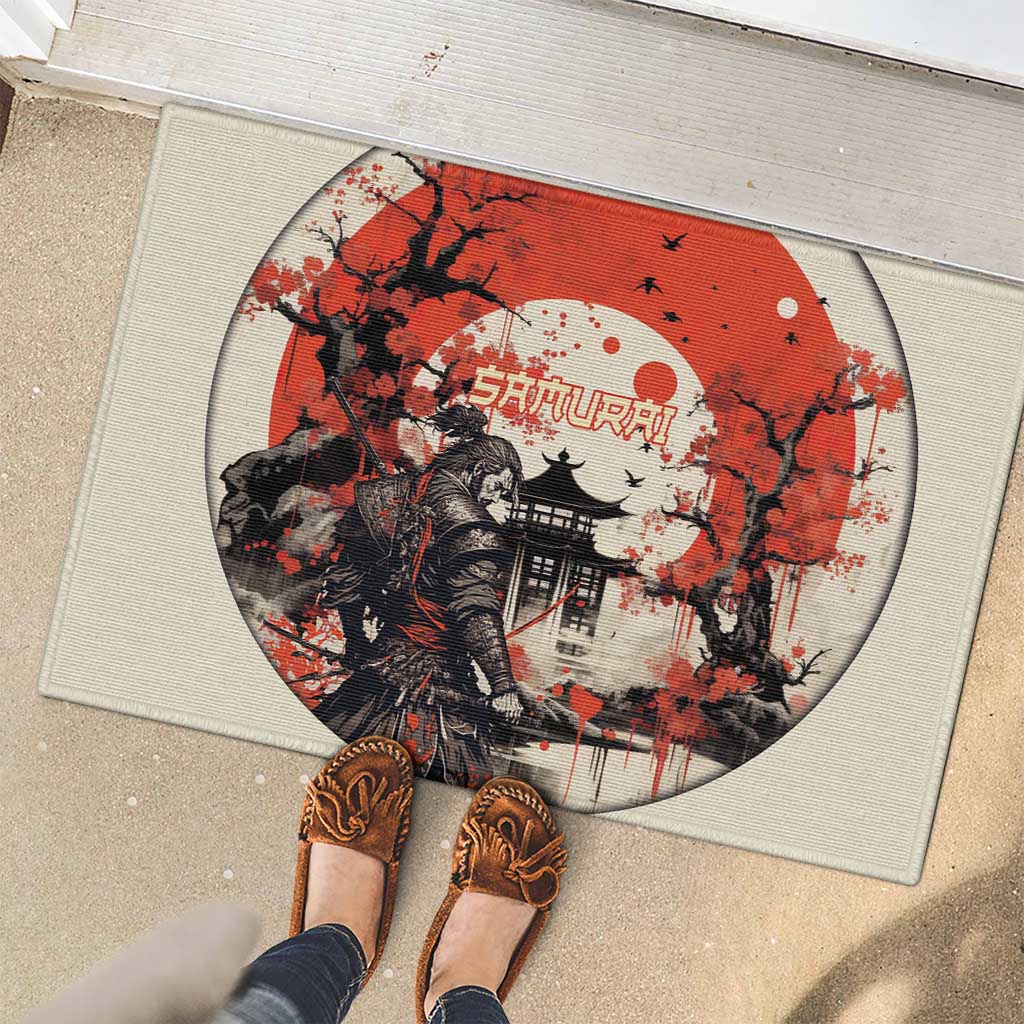 Samurai Warrior Japan Rubber Doormat Red-blossomed Tree Classic Japanese Stylized LT14 - Polynesian Pride