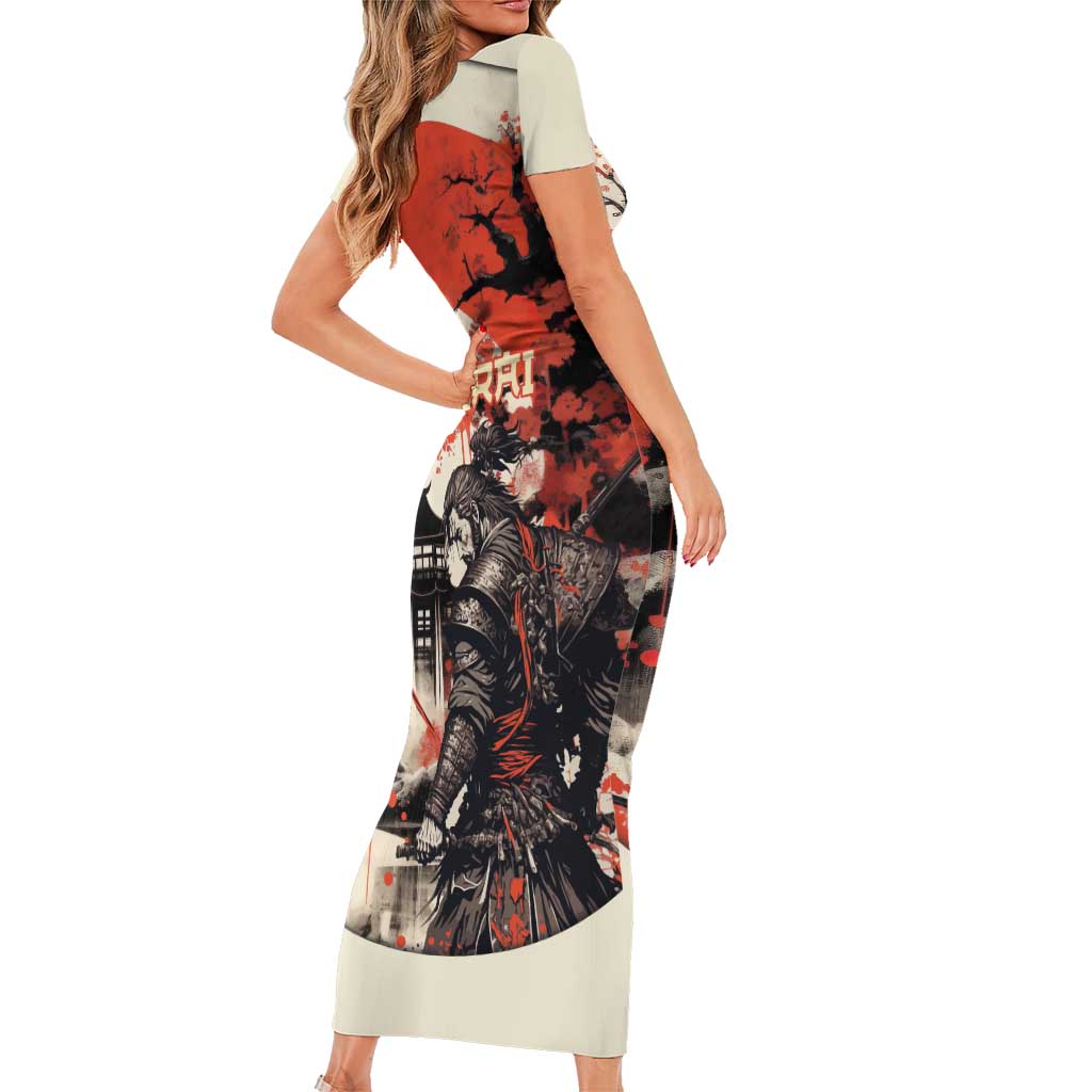 Samurai Warrior Japan Short Sleeve Bodycon Dress Red-blossomed Tree Classic Japanese Stylized - Polynesian Pride