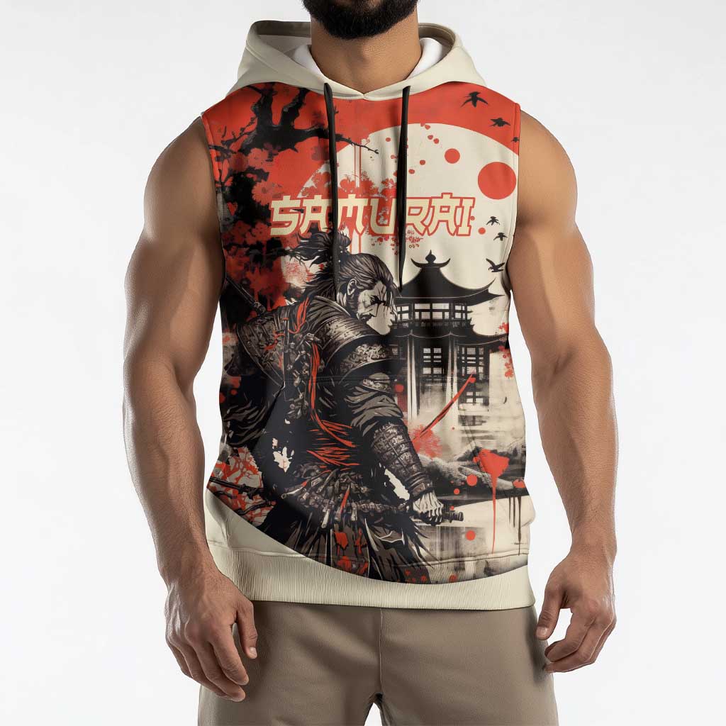 Samurai Warrior Japan Sleeveless Hoodie Red-blossomed Tree Classic Japanese Stylized LT14 - Polynesian Pride