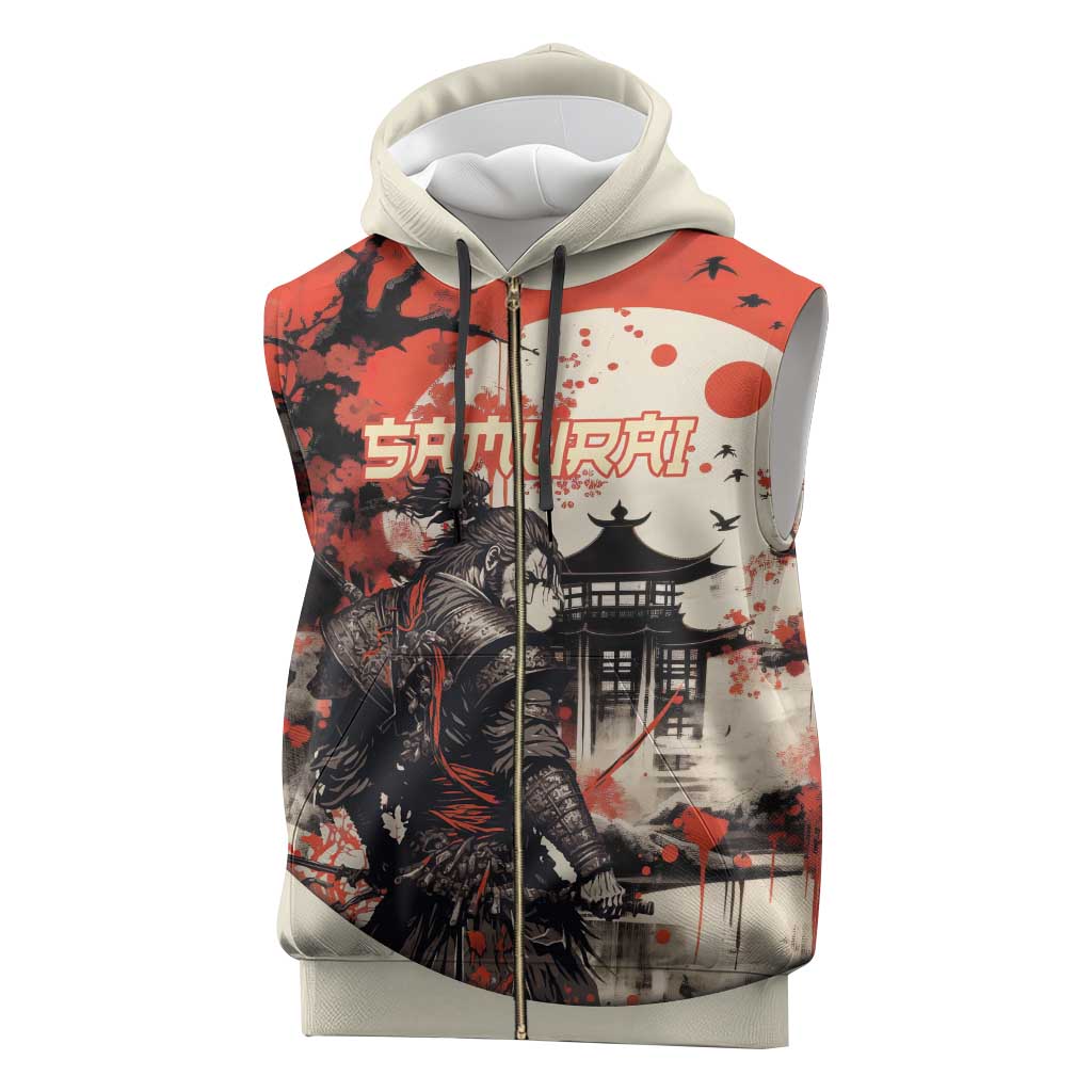 Samurai Warrior Japan Sleeveless Zip Hoodie Red-blossomed Tree Classic Japanese Stylized - Polynesian Pride