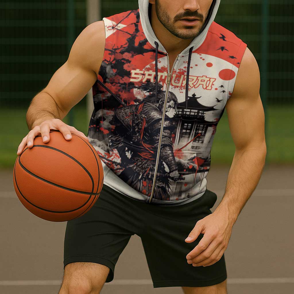 Samurai Warrior Japan Sleeveless Zip Hoodie Red-blossomed Tree Classic Japanese Stylized - Polynesian Pride