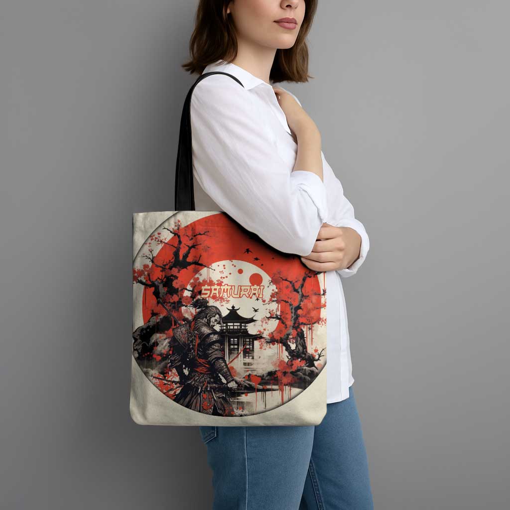 Samurai Warrior Japan Tote Bag Red-blossomed Tree Classic Japanese Stylized - Polynesian Pride