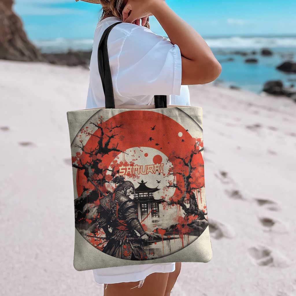 Samurai Warrior Japan Tote Bag Red-blossomed Tree Classic Japanese Stylized - Polynesian Pride