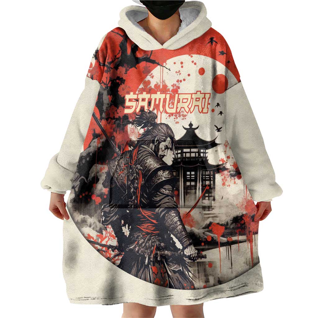 Samurai Warrior Japan Wearable Blanket Hoodie Red-blossomed Tree Classic Japanese Stylized LT14 - Polynesian Pride