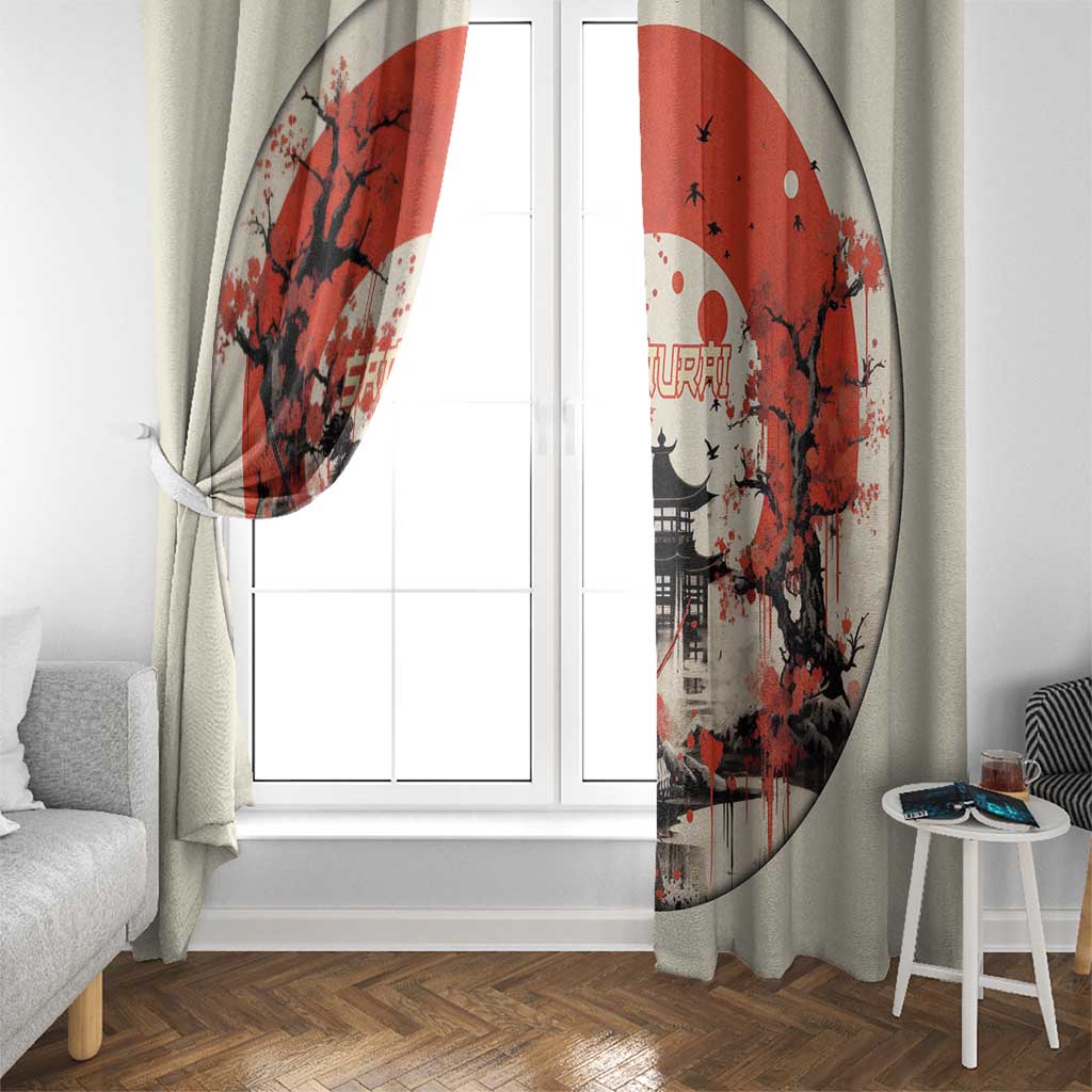 Samurai Warrior Japan Window Curtain Red-blossomed Tree Classic Japanese Stylized - Polynesian Pride