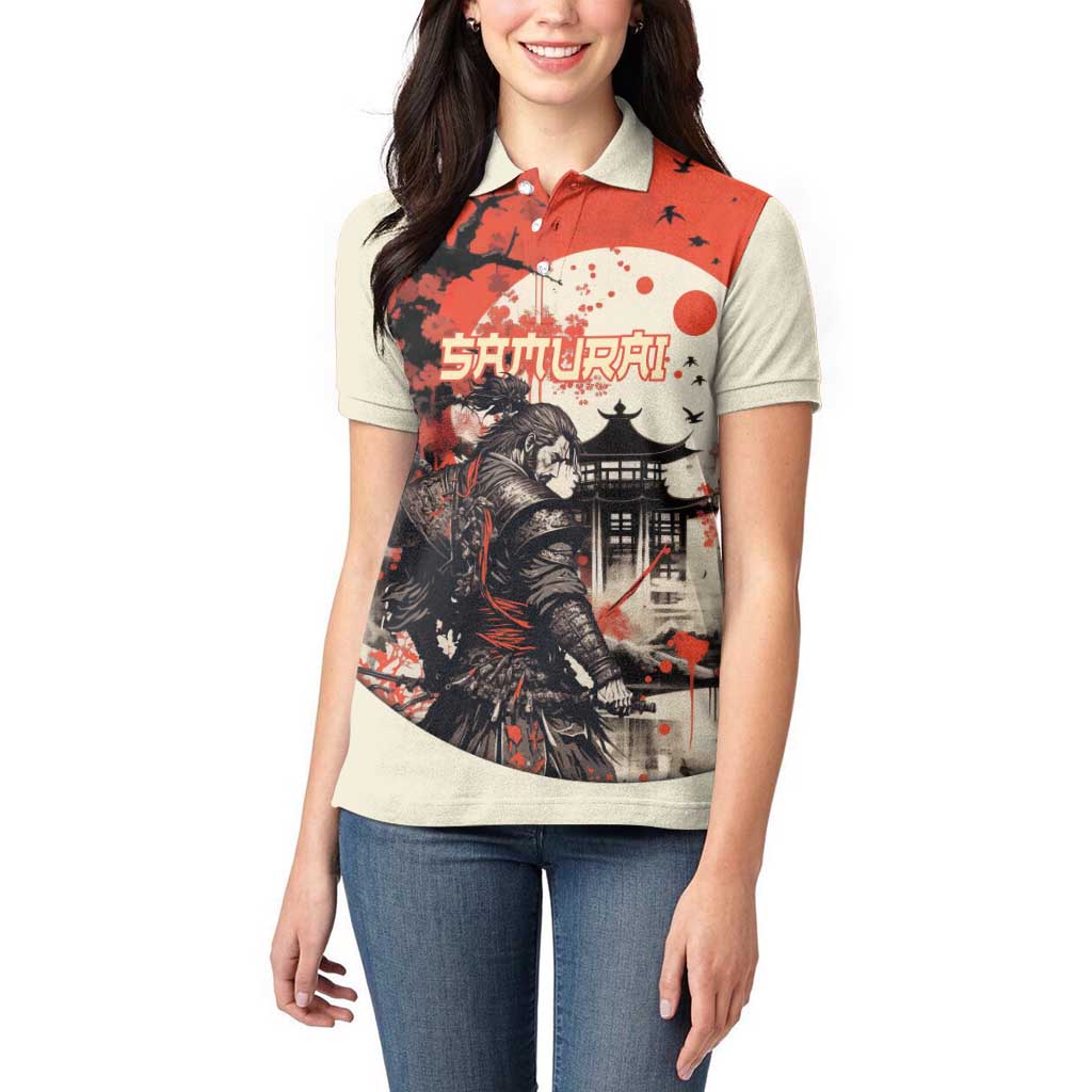 Samurai Warrior Japan Women Polo Shirt Red-blossomed Tree Classic Japanese Stylized - Polynesian Pride