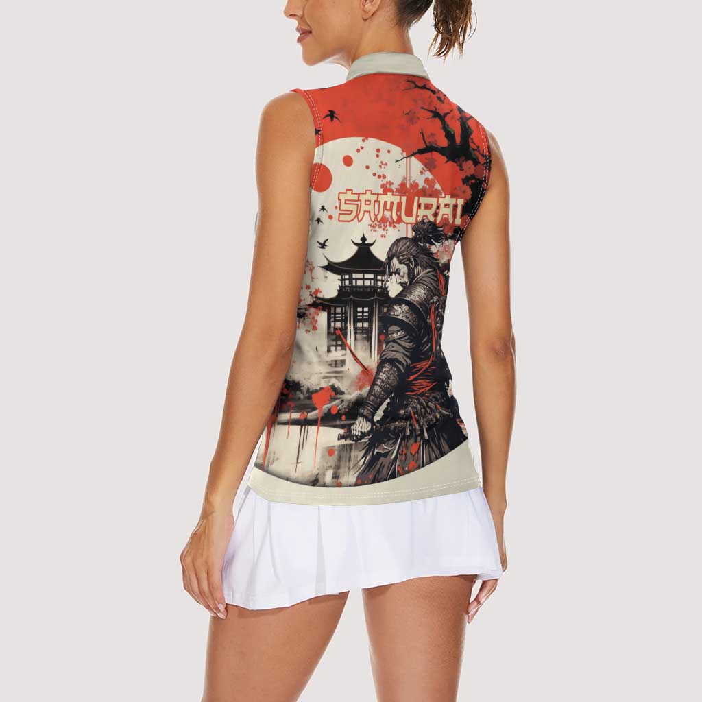 Samurai Warrior Japan Women Sleeveless Polo Shirt Red-blossomed Tree Classic Japanese Stylized LT14 - Polynesian Pride