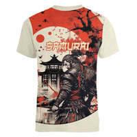 Samurai Warrior Japan Women V-Neck T-Shirt Red-blossomed Tree Classic Japanese Stylized - Polynesian Pride