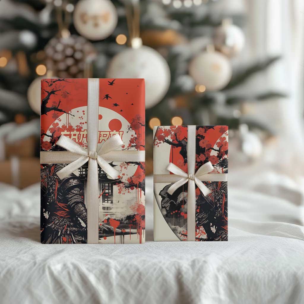 Samurai Warrior Japan Wrapping Paper Red-blossomed Tree Classic Japanese Stylized - Polynesian Pride