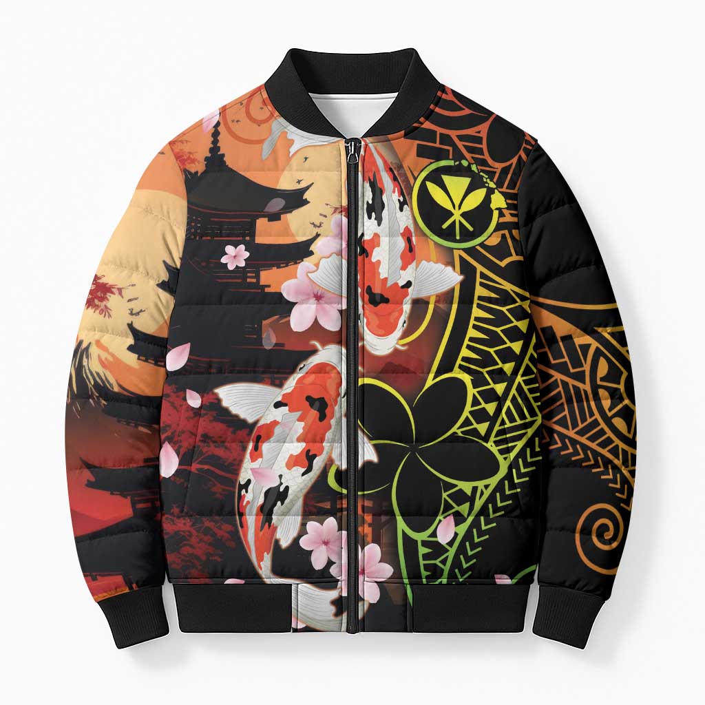 Hawaiian and Japanese Bomber Puffer Jacket Koi Fish With Kanaka Polynesian Tattoo LT14 Unisex Black - Polynesian Pride