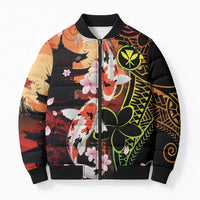 Hawaiian and Japanese Bomber Puffer Jacket Koi Fish With Kanaka Polynesian Tattoo LT14 Unisex Black - Polynesian Pride