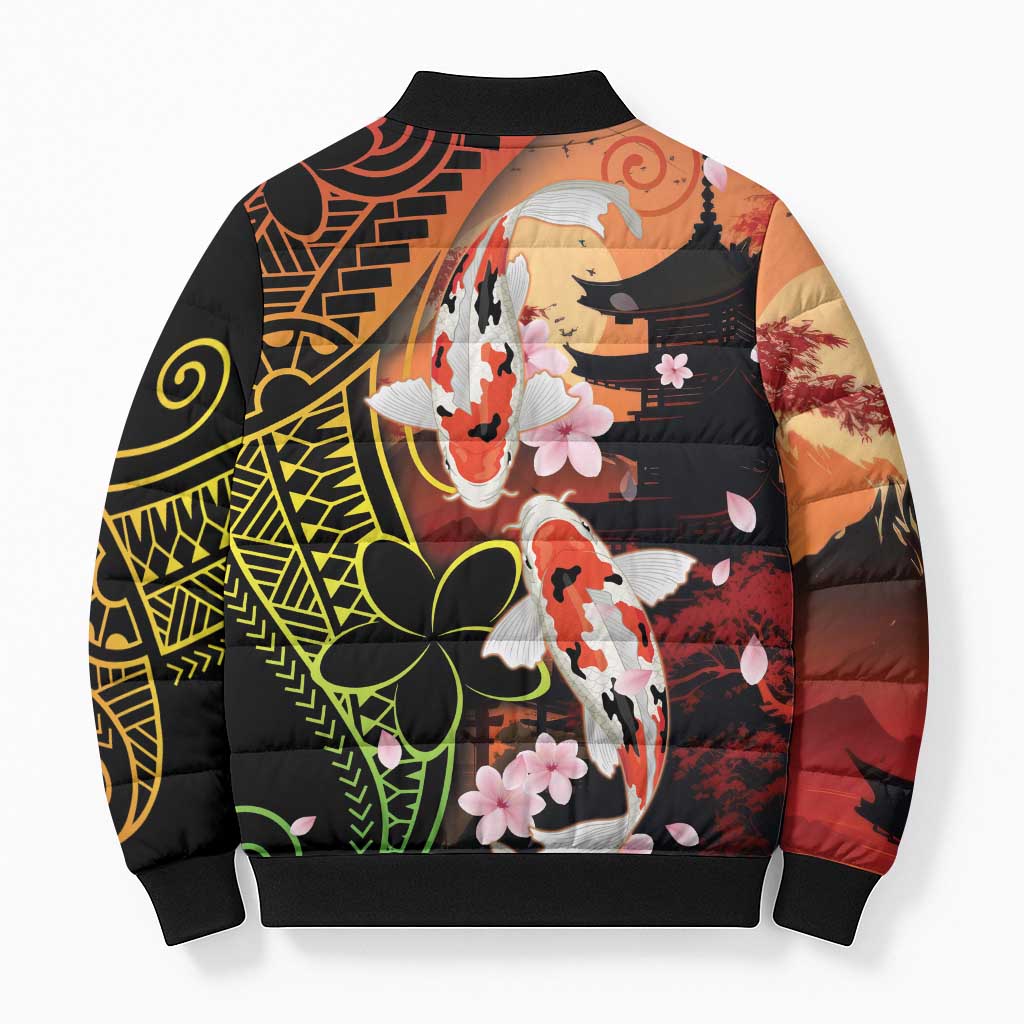 Hawaiian and Japanese Bomber Puffer Jacket Koi Fish With Kanaka Polynesian Tattoo LT14 - Polynesian Pride
