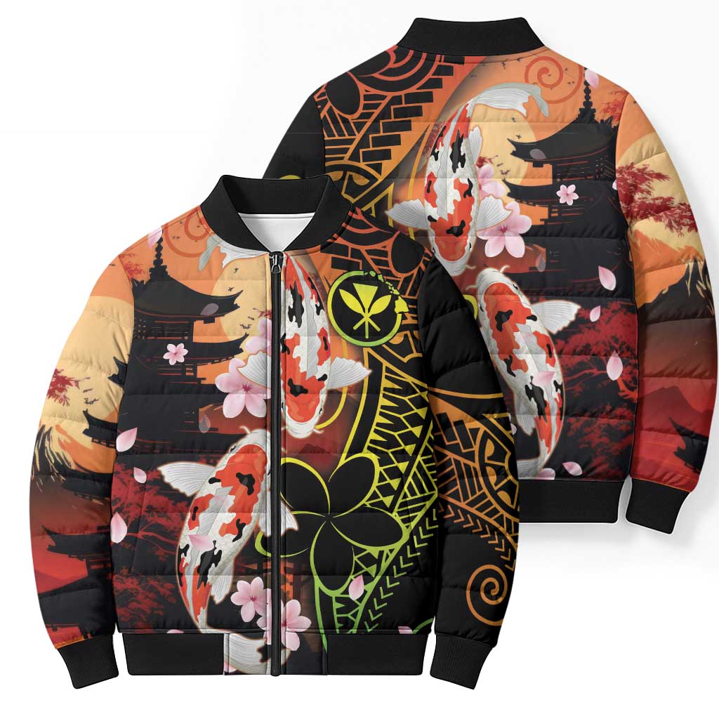 Hawaiian and Japanese Bomber Puffer Jacket Koi Fish With Kanaka Polynesian Tattoo LT14 - Polynesian Pride