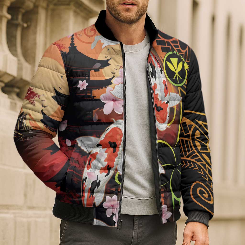Hawaiian and Japanese Bomber Puffer Jacket Koi Fish With Kanaka Polynesian Tattoo LT14 - Polynesian Pride