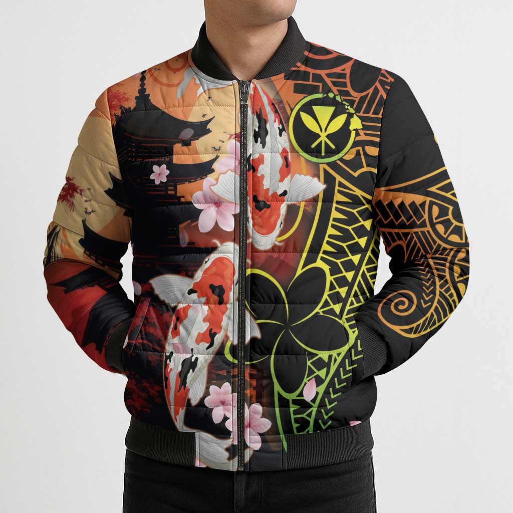 Hawaiian and Japanese Bomber Puffer Jacket Koi Fish With Kanaka Polynesian Tattoo LT14 - Polynesian Pride