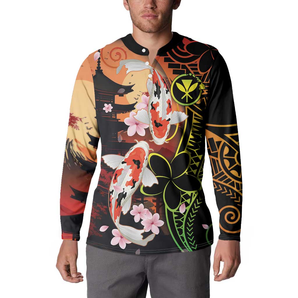 Hawaiian and Japanese Button Sweatshirt Koi Fish With Kanaka Polynesian Tattoo - Polynesian Pride