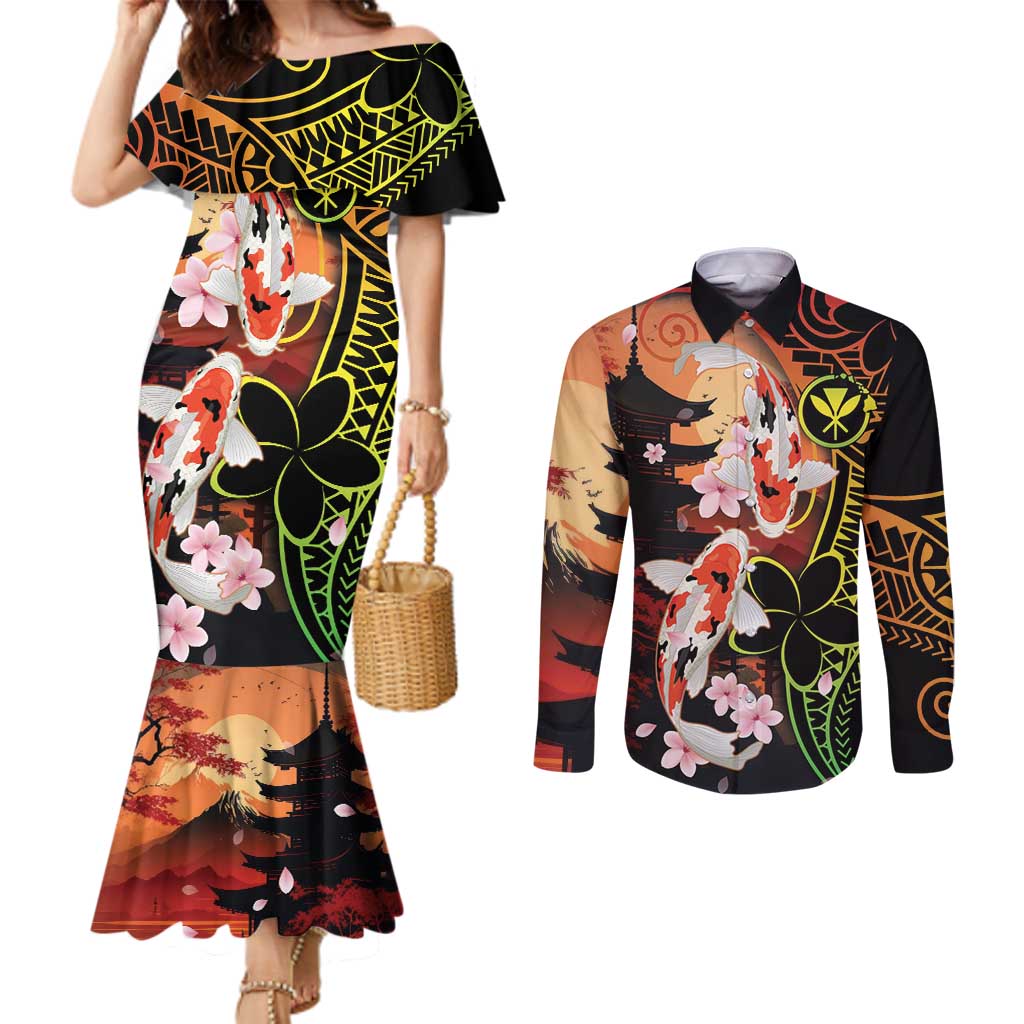 Hawaiian and Japanese Couples Matching Mermaid Dress and Long Sleeve Button Shirt Koi Fish With Kanaka Polynesian Tattoo - Polynesian Pride