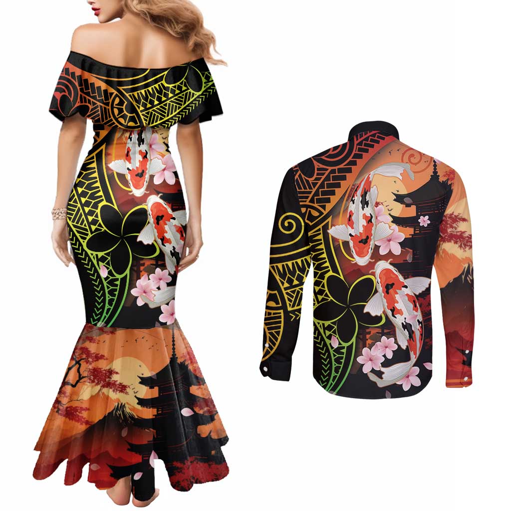 Hawaiian and Japanese Couples Matching Mermaid Dress and Long Sleeve Button Shirt Koi Fish With Kanaka Polynesian Tattoo - Polynesian Pride