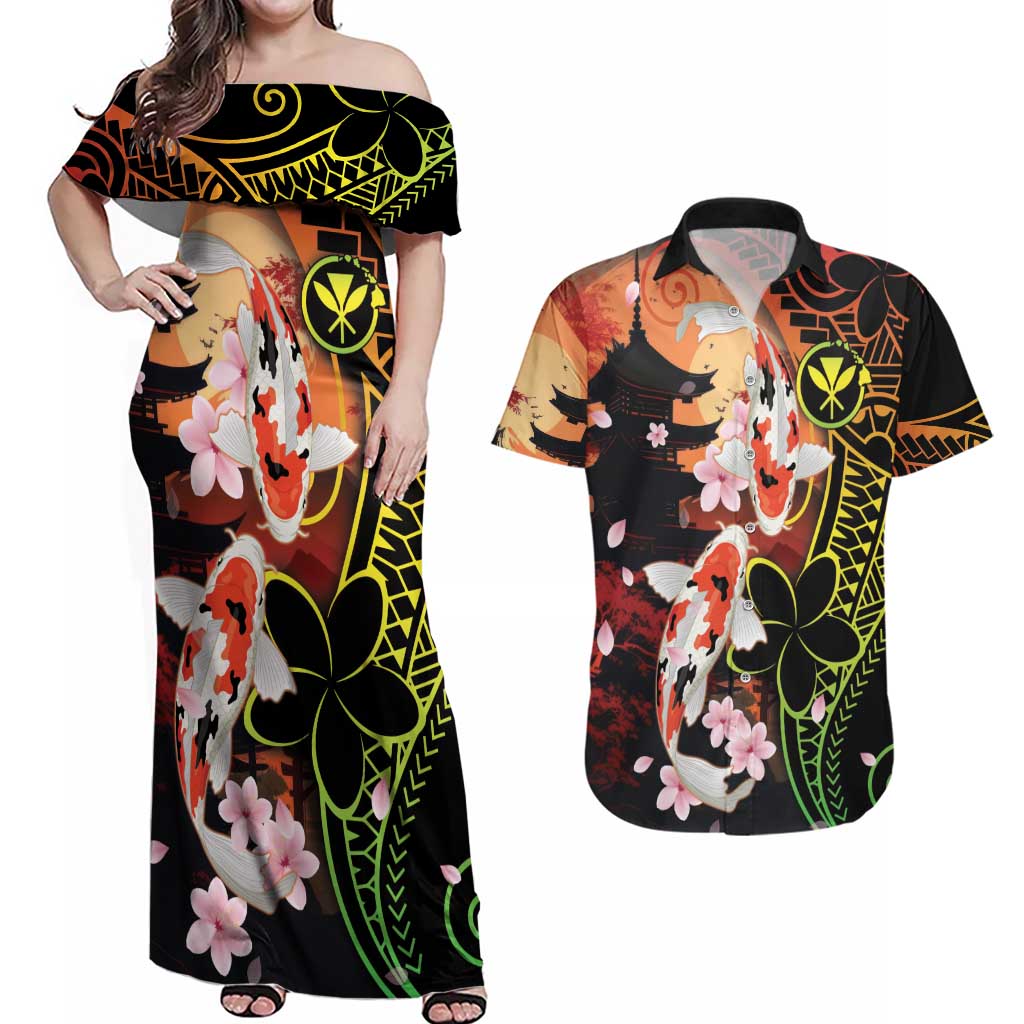 Hawaiian and Japanese Couples Matching Off Shoulder Maxi Dress and Hawaiian Shirt Koi Fish With Kanaka Polynesian Tattoo - Polynesian Pride