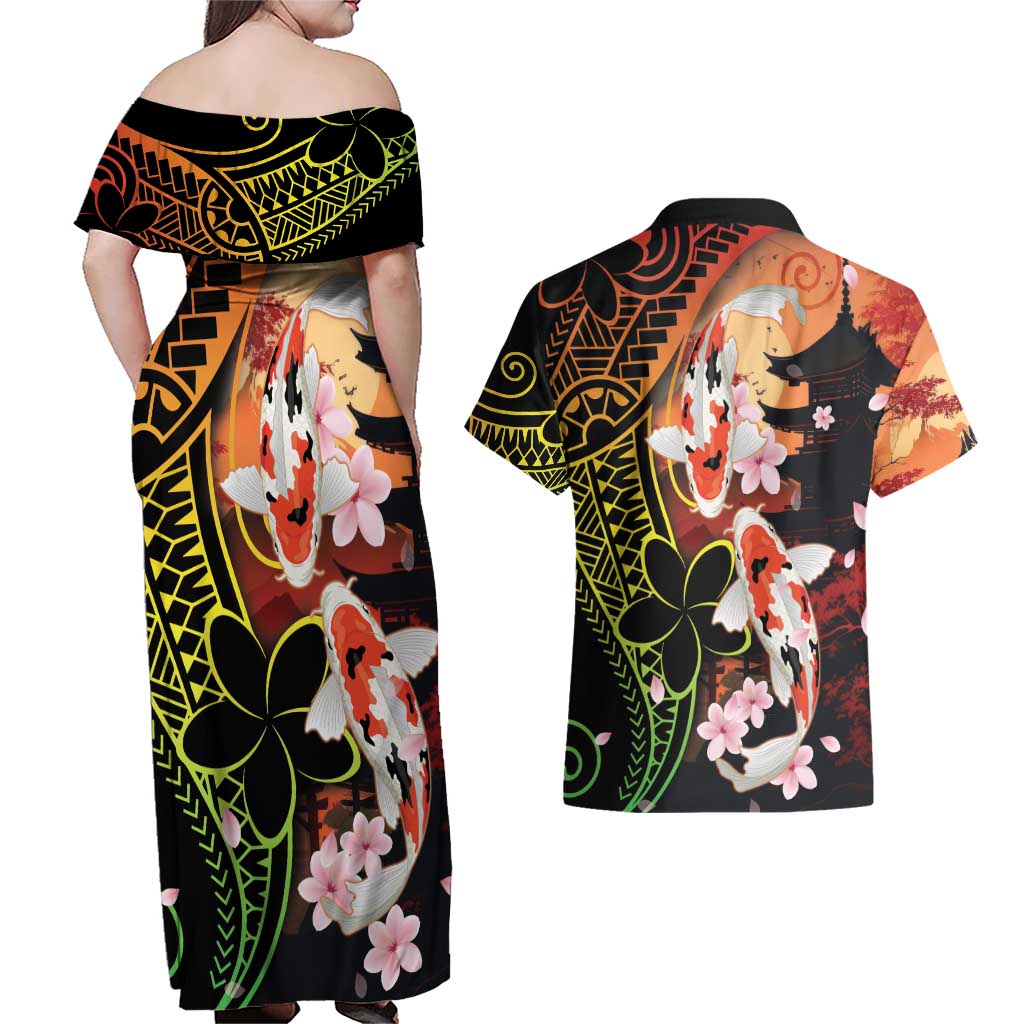 Hawaiian and Japanese Couples Matching Off Shoulder Maxi Dress and Hawaiian Shirt Koi Fish With Kanaka Polynesian Tattoo - Polynesian Pride
