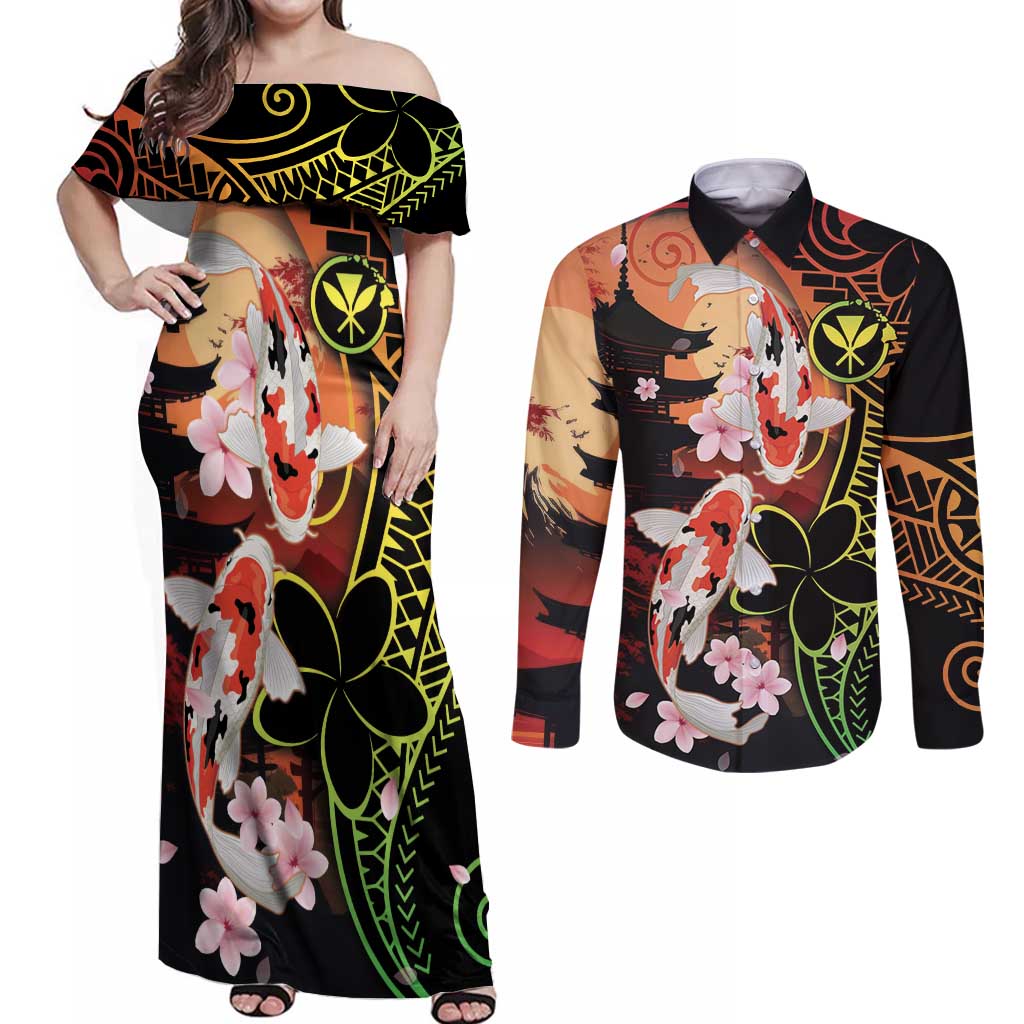 Hawaiian and Japanese Couples Matching Off Shoulder Maxi Dress and Long Sleeve Button Shirt Koi Fish With Kanaka Polynesian Tattoo - Polynesian Pride