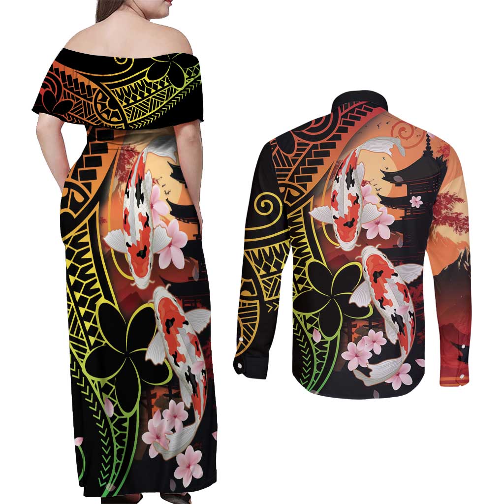 Hawaiian and Japanese Couples Matching Off Shoulder Maxi Dress and Long Sleeve Button Shirt Koi Fish With Kanaka Polynesian Tattoo - Polynesian Pride