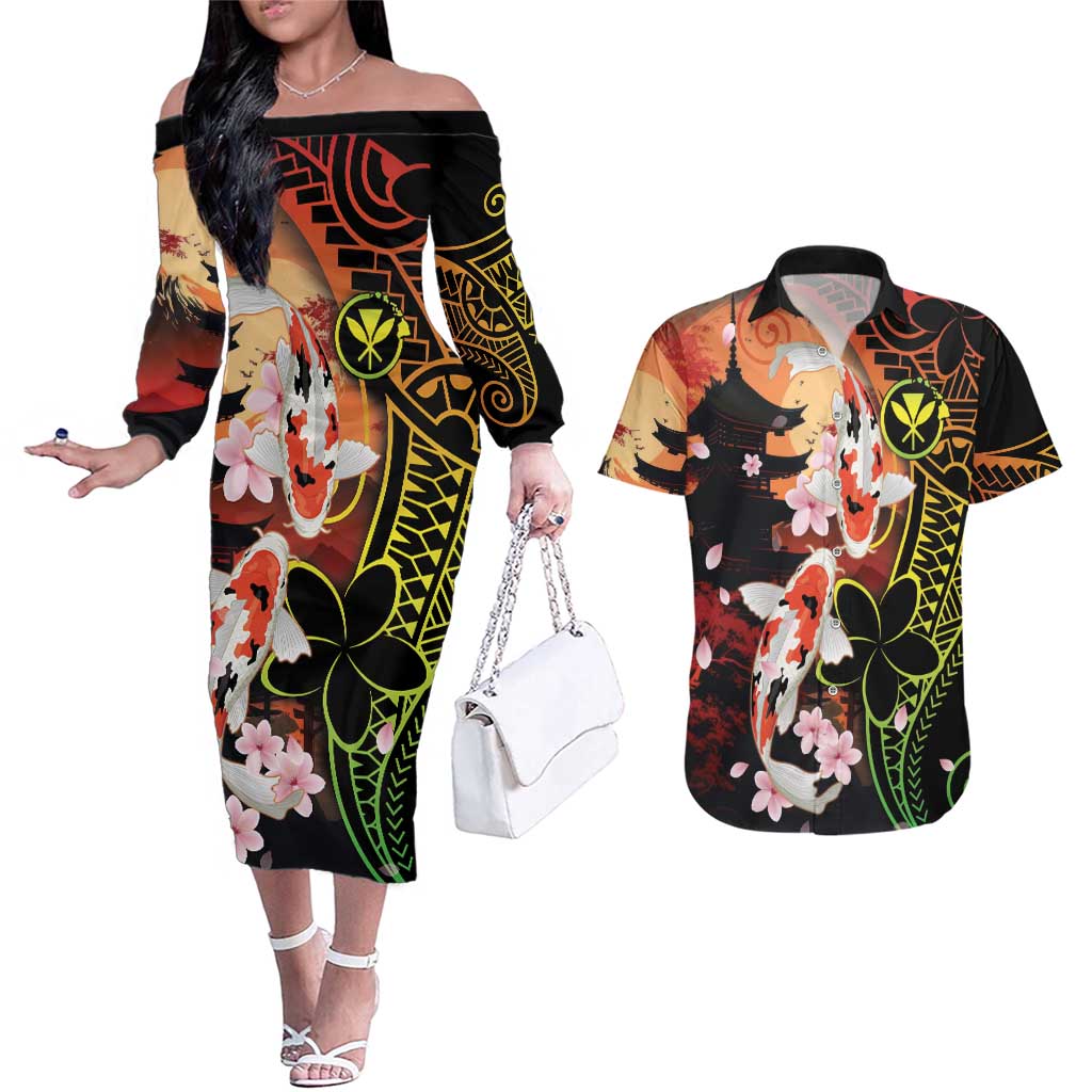 Hawaiian and Japanese Couples Matching Off The Shoulder Long Sleeve Dress and Hawaiian Shirt Koi Fish With Kanaka Polynesian Tattoo - Polynesian Pride