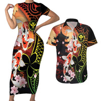Hawaiian and Japanese Couples Matching Short Sleeve Bodycon Dress and Hawaiian Shirt Koi Fish With Kanaka Polynesian Tattoo - Polynesian Pride