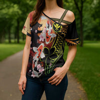 Hawaiian and Japanese Cross Shoulder Shirt Koi Fish With Kanaka Polynesian Tattoo - Polynesian Pride