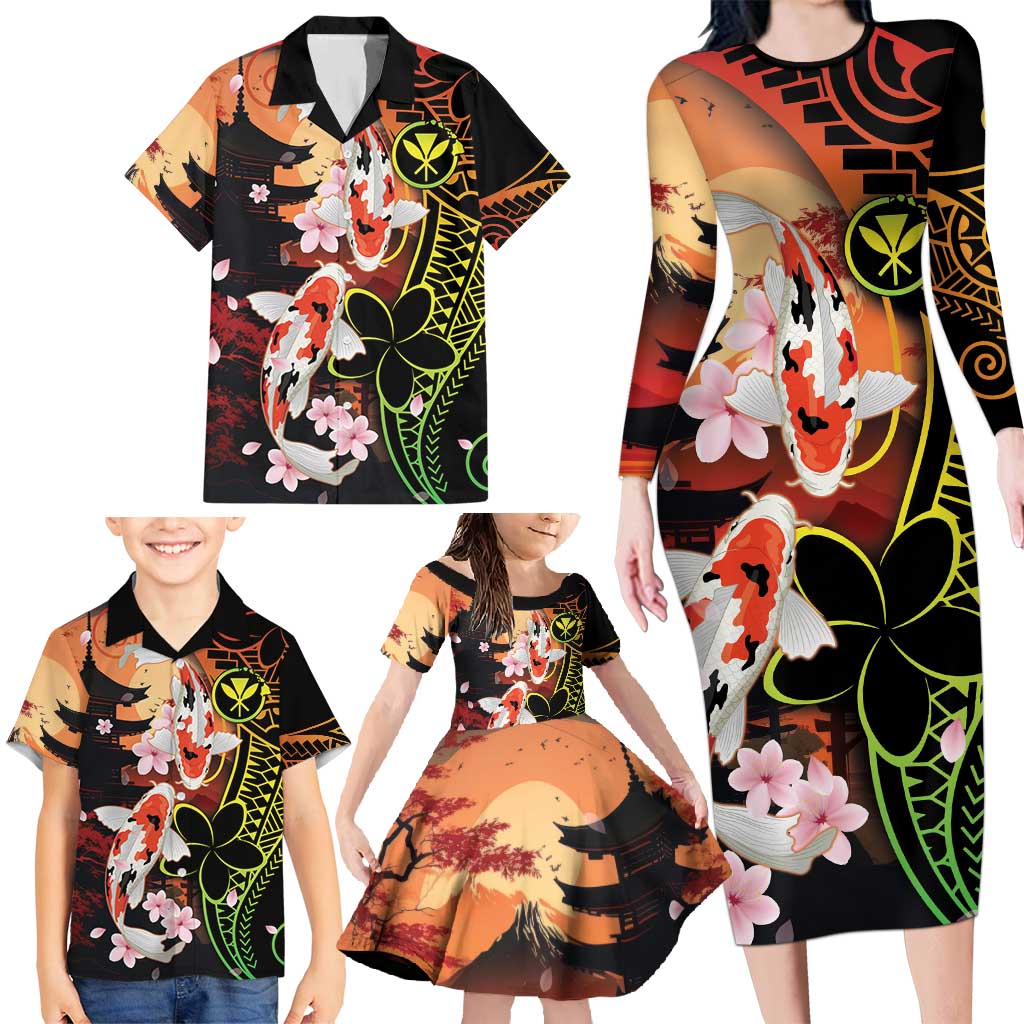 Hawaiian and Japanese Family Matching Long Sleeve Bodycon Dress and Hawaiian Shirt Koi Fish With Kanaka Polynesian Tattoo - Polynesian Pride