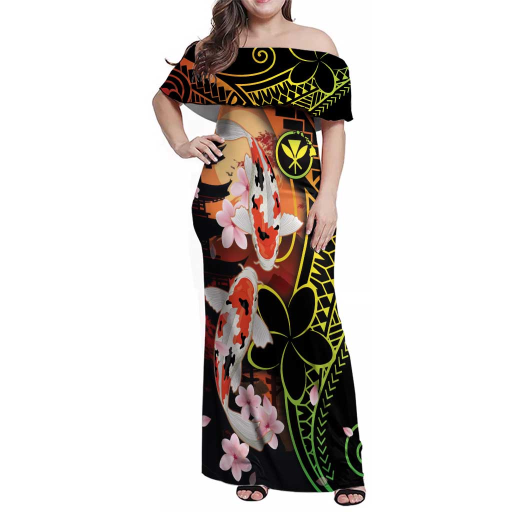 Hawaiian and Japanese Family Matching Off Shoulder Maxi Dress and Hawaiian Shirt Koi Fish With Kanaka Polynesian Tattoo - Polynesian Pride