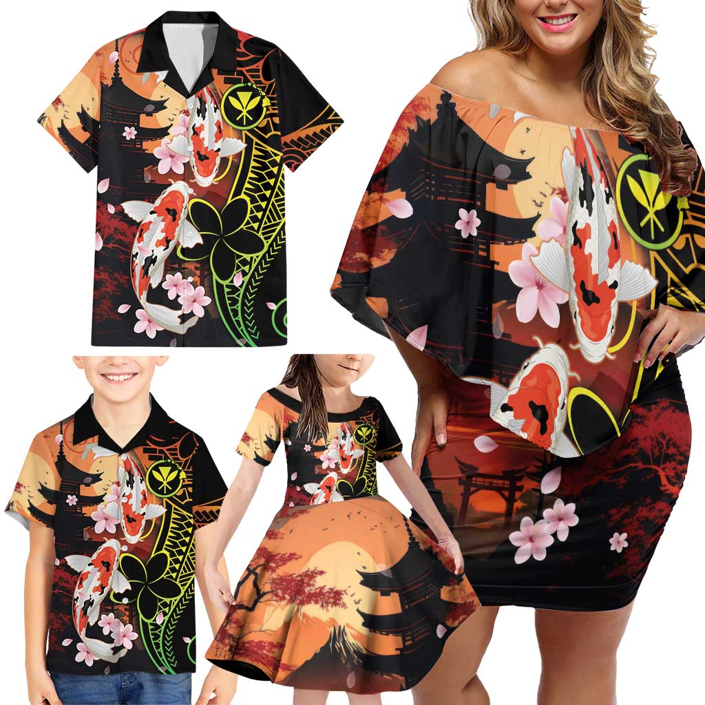 Hawaiian and Japanese Family Matching Off Shoulder Short Dress and Hawaiian Shirt Koi Fish With Kanaka Polynesian Tattoo - Polynesian Pride