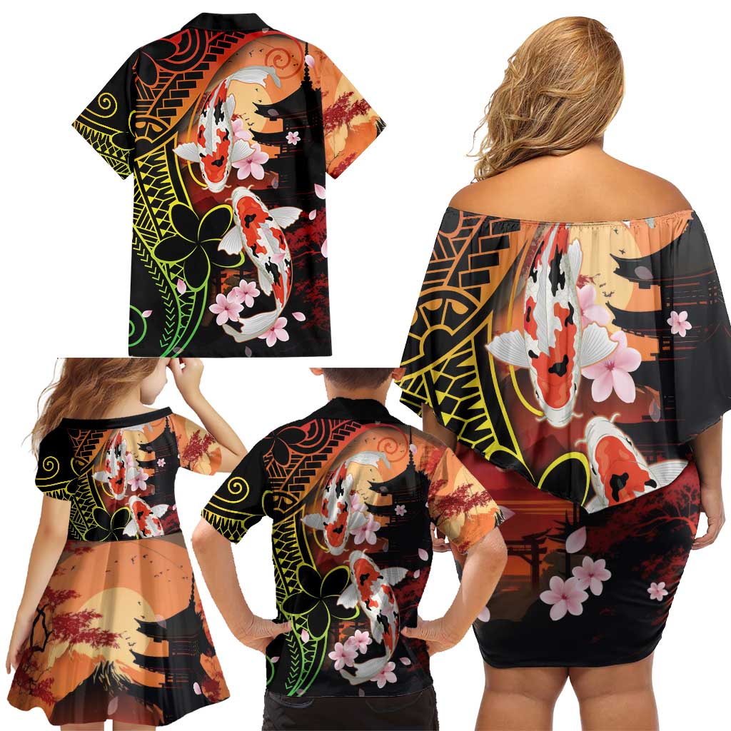 Hawaiian and Japanese Family Matching Off Shoulder Short Dress and Hawaiian Shirt Koi Fish With Kanaka Polynesian Tattoo - Polynesian Pride