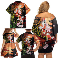 Hawaiian and Japanese Family Matching Off Shoulder Short Dress and Hawaiian Shirt Koi Fish With Kanaka Polynesian Tattoo - Polynesian Pride