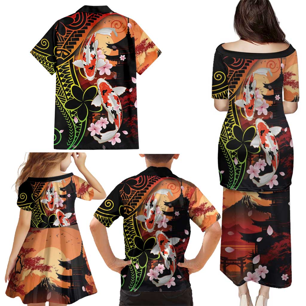Hawaiian and Japanese Family Matching Puletasi and Hawaiian Shirt Koi Fish With Kanaka Polynesian Tattoo - Polynesian Pride