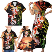 Hawaiian and Japanese Family Matching Short Sleeve Bodycon Dress and Hawaiian Shirt Koi Fish With Kanaka Polynesian Tattoo - Polynesian Pride