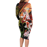Hawaiian and Japanese Long Sleeve Bodycon Dress Koi Fish With Kanaka Polynesian Tattoo - Polynesian Pride