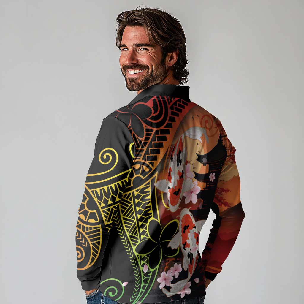 Hawaiian and Japanese Long Sleeve Polo Shirt Koi Fish With Kanaka Polynesian Tattoo - Polynesian Pride