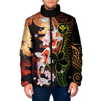 Hawaiian and Japanese Padded Jacket Koi Fish With Kanaka Polynesian Tattoo LT14 Men Black - Polynesian Pride