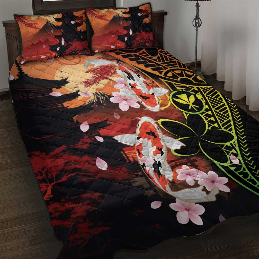 Hawaiian and Japanese Quilt Bed Set Koi Fish With Kanaka Polynesian Tattoo - Polynesian Pride