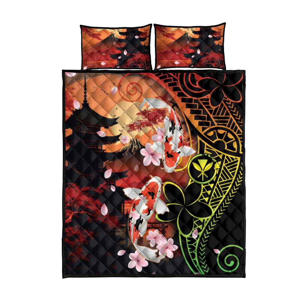 Hawaiian and Japanese Quilt Bed Set Koi Fish With Kanaka Polynesian Tattoo - Polynesian Pride