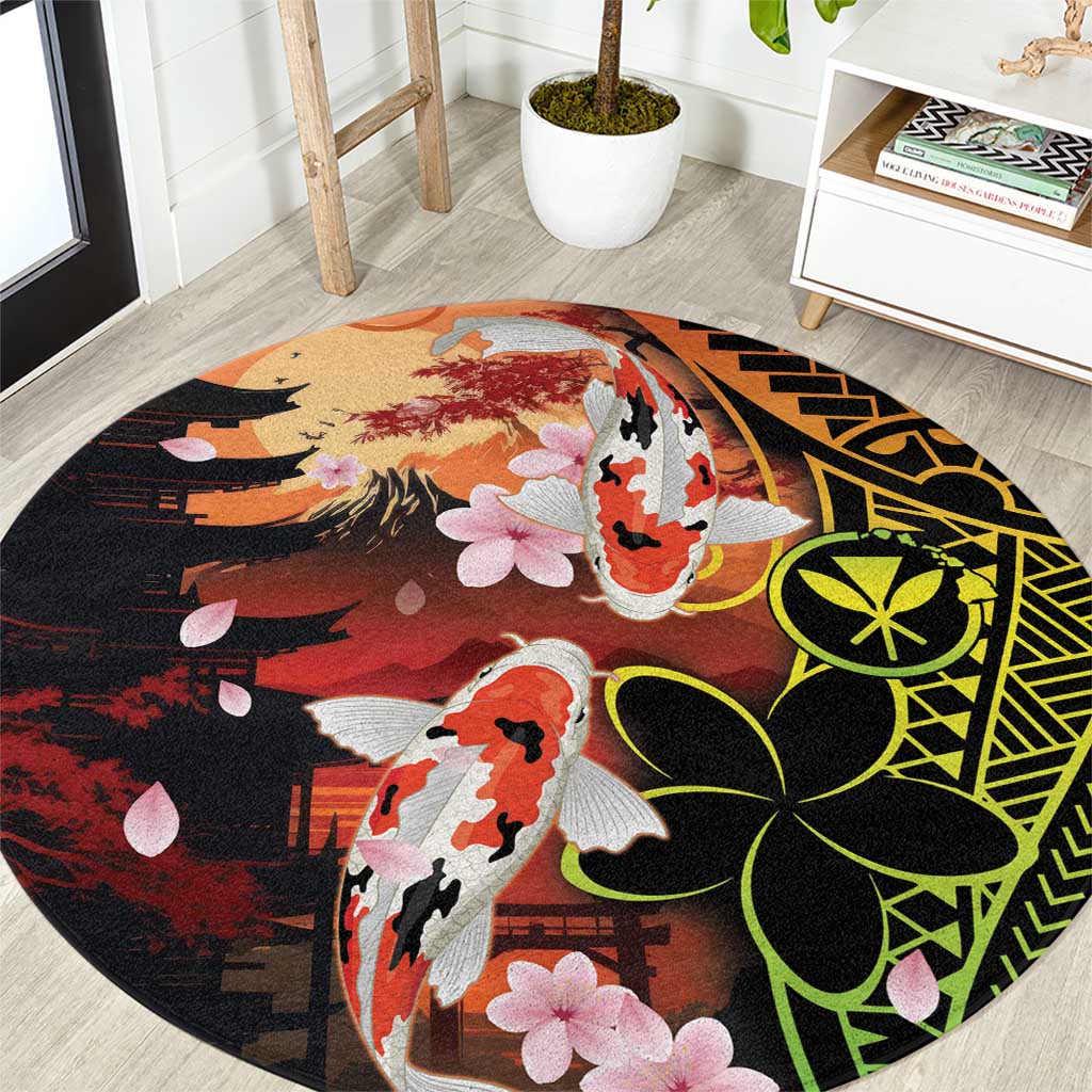 Hawaiian and Japanese Round Carpet Koi Fish With Kanaka Polynesian Tattoo - Polynesian Pride