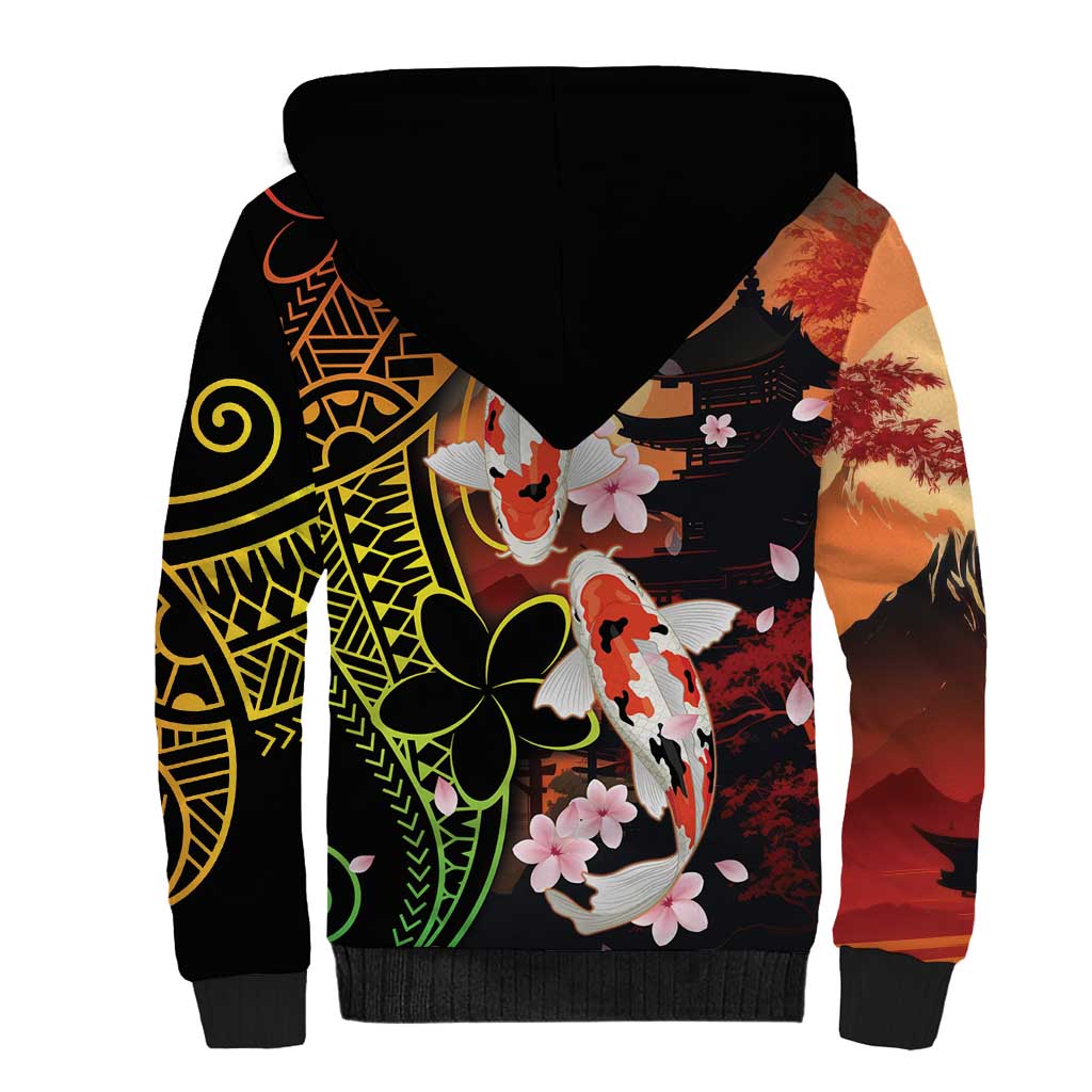 Hawaiian and Japanese Sherpa Hoodie Koi Fish With Kanaka Polynesian Tattoo LT14 - Polynesian Pride