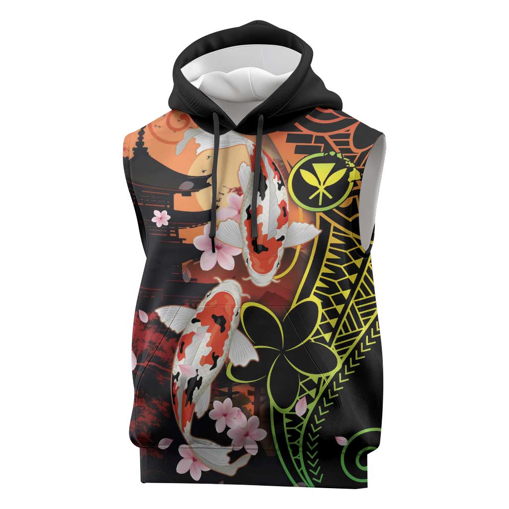 Hawaiian and Japanese Sleeveless Hoodie Koi Fish With Kanaka Polynesian Tattoo LT14 Black - Polynesian Pride