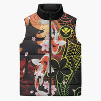 Hawaiian and Japanese Sleeveless Puffer Jacket Koi Fish With Kanaka Polynesian Tattoo LT14 Unisex Black - Polynesian Pride