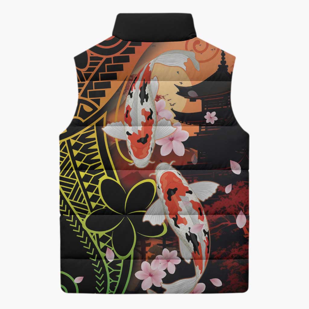 Hawaiian and Japanese Sleeveless Puffer Jacket Koi Fish With Kanaka Polynesian Tattoo LT14 - Polynesian Pride
