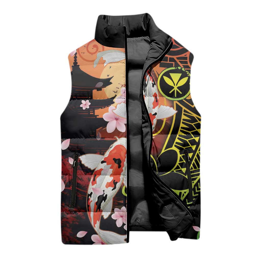 Hawaiian and Japanese Sleeveless Puffer Jacket Koi Fish With Kanaka Polynesian Tattoo LT14 - Polynesian Pride