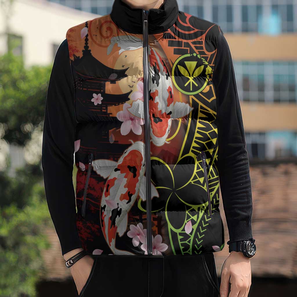 Hawaiian and Japanese Sleeveless Puffer Jacket Koi Fish With Kanaka Polynesian Tattoo LT14 - Polynesian Pride